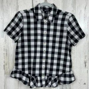 Madewell Peplum Button Down Shirt Gingham ruffle hem black white classic size XS